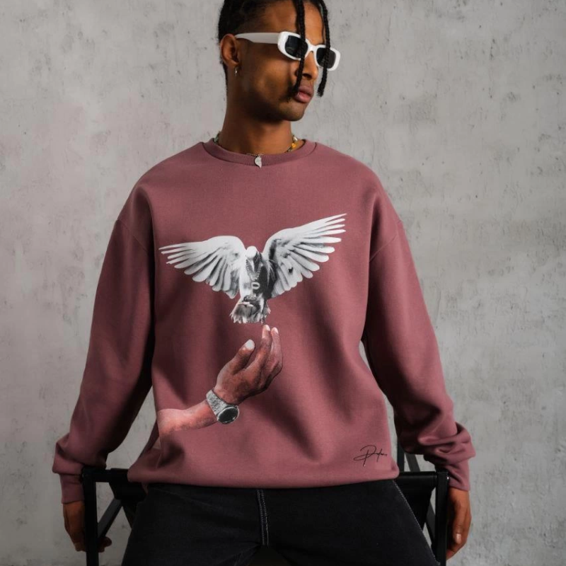 Güvercin Baskılı Sweatshirt - Gül Kurusu