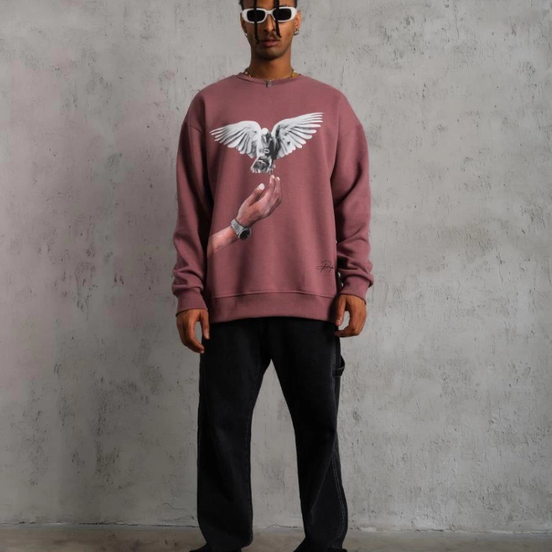 Güvercin Baskılı Sweatshirt - Gül Kurusu