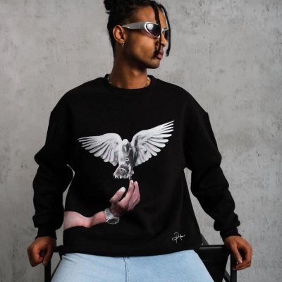 Güvercin Baskılı Sweatshirt - Siyah -