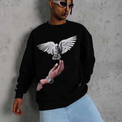 Güvercin Baskılı Sweatshirt - Siyah -