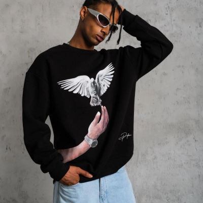 Güvercin Baskılı Sweatshirt - Siyah -