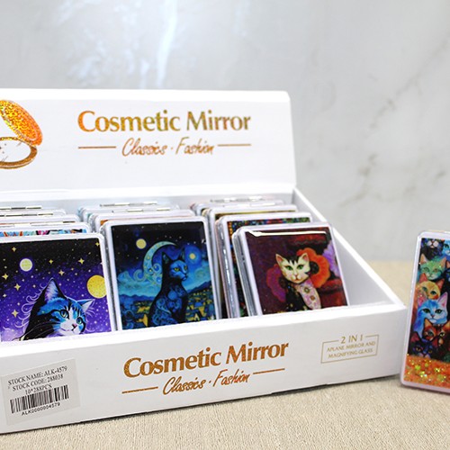 Hareketli Sulu Detaylı Kedi Figürlü El Aynası 