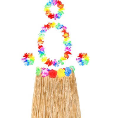 Hawaii Parti Kostüm Seti - 60 cm Hasır Etek, Çiçekli Aksesuarlar ve Ananas Gözlük