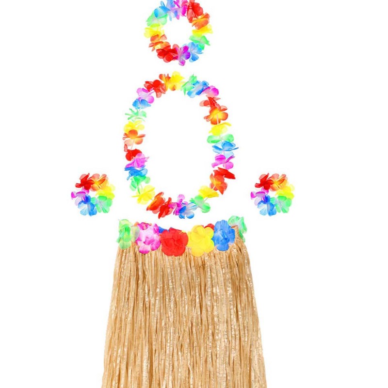 Hawaii Parti Kostüm Seti - 60 cm Hasır Etek, Çiçekli Aksesuarlar ve Ananas Gözlük