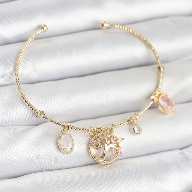 Hayat Ağacı Charmlı Gold Renk Pirinç Kadın Bileklik