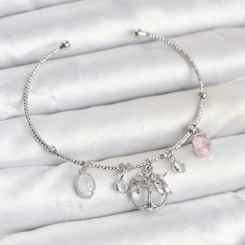 Hayat Ağacı Charmlı Gümüş Renk Pirinç Kadın Bileklik