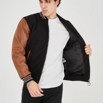 İçten Elyaf ve Astarlı Kolları Suni Deri Ceket - Kahverengi -