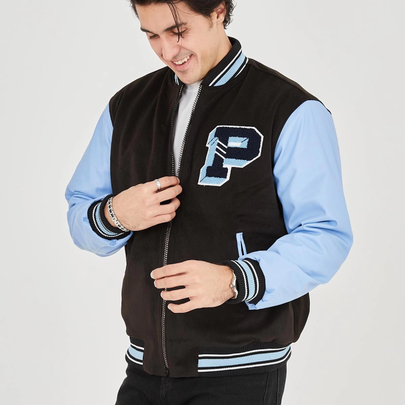 İçten Elyaf ve Astarlı Kolları Suni Deri Ceket - Mavi -