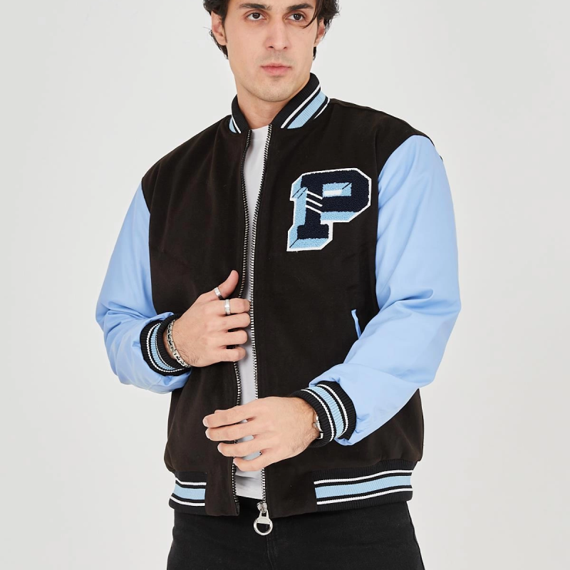 İçten Elyaf ve Astarlı Kolları Suni Deri Ceket - Mavi -