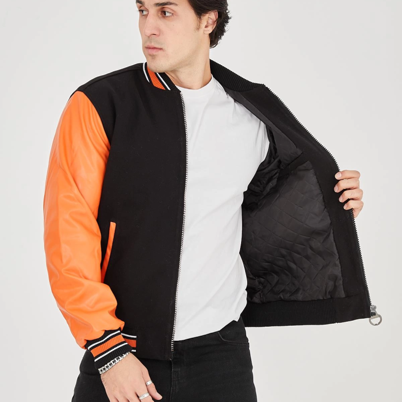 İçten Elyaf ve Astarlı Kolları Suni Deri Ceket - Turuncu -