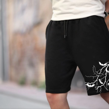 İki İplik Baskılı Oversize Şort - Siyah