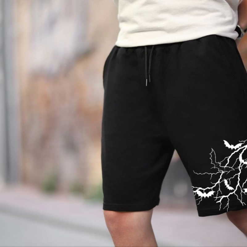 İki İplik Baskılı Oversize Şort - Siyah