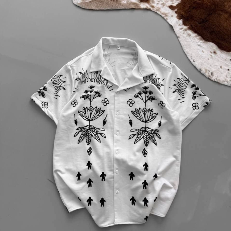 İki İplik Kumaş Baskılı Gömlek - Beyaz -