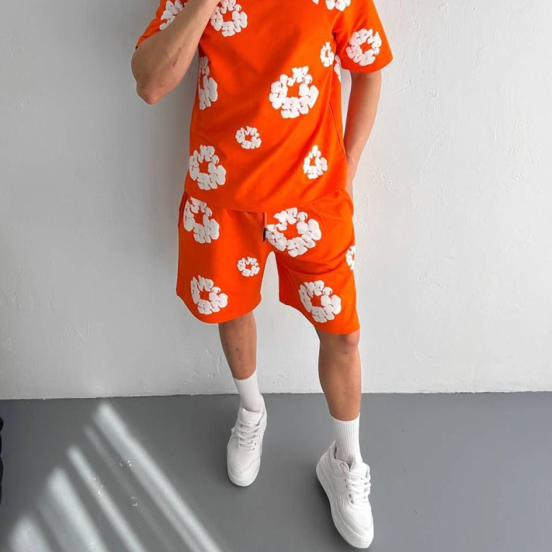 İki İplik Kumaş Baskılı T-shirt Şortlu Takım- Turuncu -