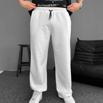 İki İplik Kumaş Beli Lastikli Yan Flota Cepli Baggy Alt Esofman - Beyaz