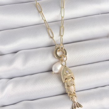 İnci Detaylı Zirkon Taşlı Balık Figürlü Gold Renk Pirinç Kolye