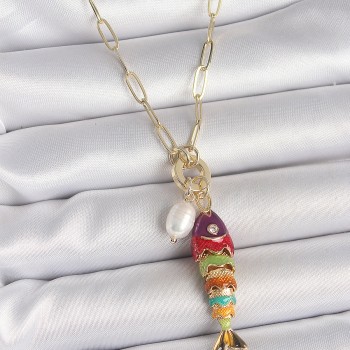 İnci Detaylı Zirkon Taşlı Rainbow Balık Figürlü Gold Renk Pirinç Kolye