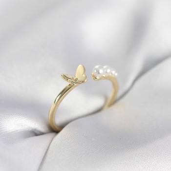 İncili Kelebek Model Gold Renk Pirinç Kadın Yüzük