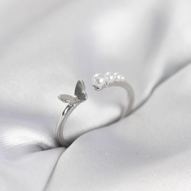 İncili Kelebek Model Gümüş Renk Pirinç Kadın Yüzük