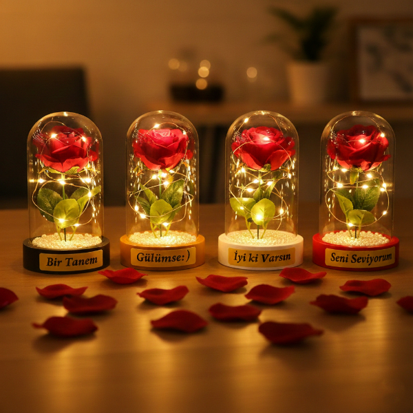 İncili Ledli Gül Fanus 