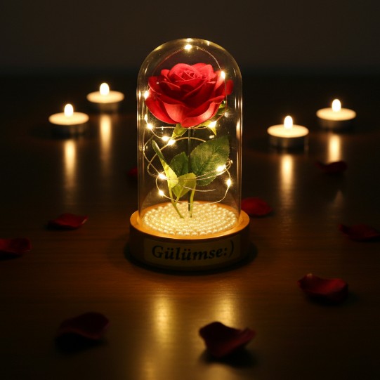 İncili Ledli Gül Fanus 