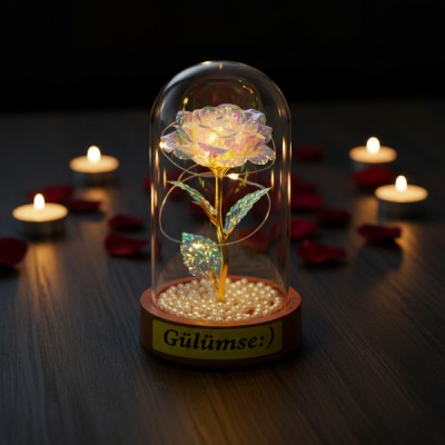 İncili Sonsuzluk Gülü Ledli Fanus 