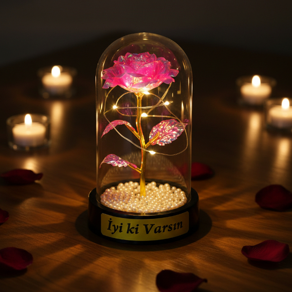 İncili Sonsuzluk Gülü Ledli Fanus 