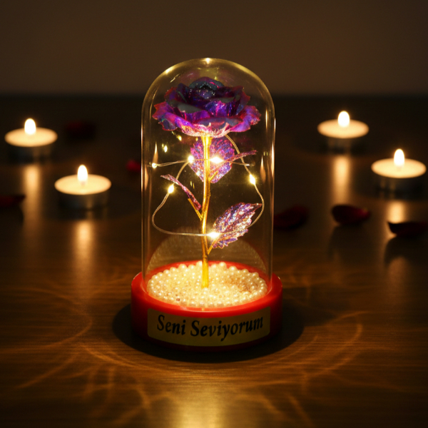 İncili Sonsuzluk Gülü Ledli Fanus 