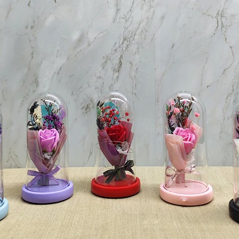 Işıklı Müzikli Cam Fanus İçinde Lavantalı Romantik Gül  