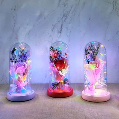 Işıklı Müzikli Cam Fanus İçinde Lavantalı Romantik Gül  
