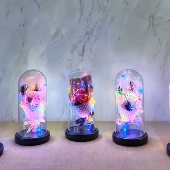 Işıklı Müzikli Fanus içinde Gül Buketi  