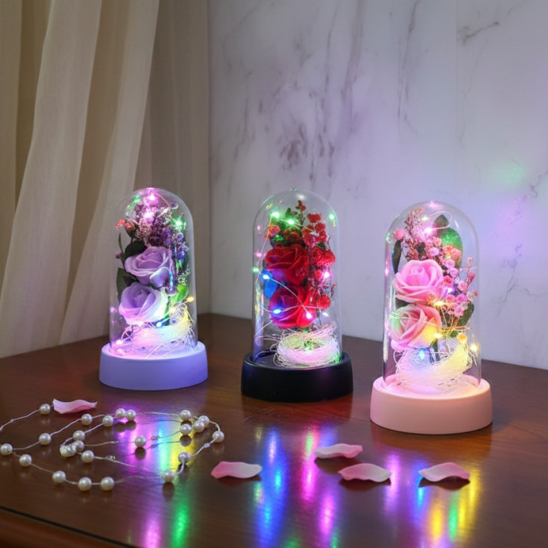 Işıklı Müzikli Romantik Fanus Tekli Gül 