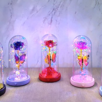 Işıklı Müzikli Romantik Kelebekli Fanus içinde Gül  
