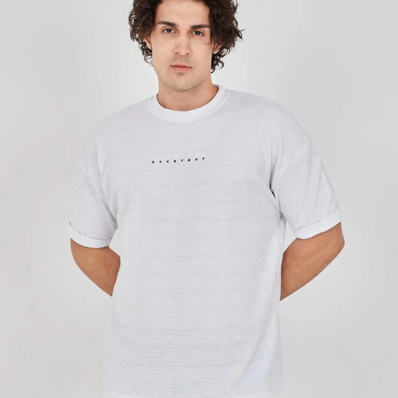 Jakar Kumaş Rahat Kol T-Shirt - Beyaz -