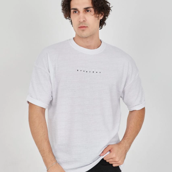 Jakar Kumaş Rahat Kol T-Shirt - Beyaz -