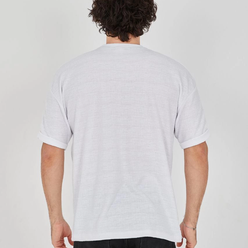 Jakar Kumaş Rahat Kol T-Shirt - Beyaz -
