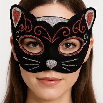 Kadife Dokulu Simli Kedi Maskesi Kırmızı Gümüş Detaylı 