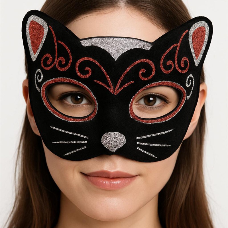 Kadife Dokulu Simli Kedi Maskesi Kırmızı Gümüş Detaylı 