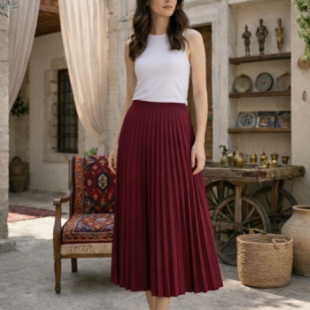 Kadın 90 Cm Saten Kumaş Pliseli Midi Etek Şık ve Zarif Tasarım - Bordo