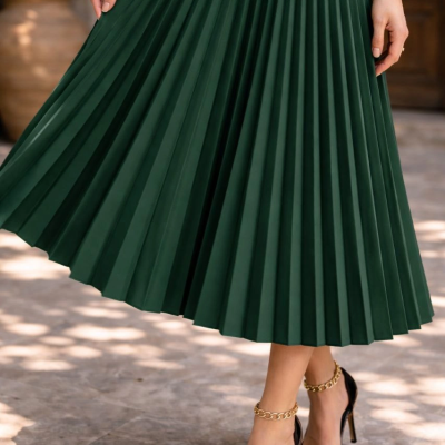 Kadın 90 Cm Saten Kumaş Pliseli Midi Etek Şık ve Zarif Tasarım - Çağla Yeşili
