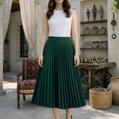 Kadın 90 Cm Saten Kumaş Pliseli Midi Etek Şık ve Zarif Tasarım - Çağla Yeşili