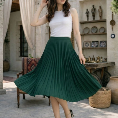 Kadın 90 Cm Saten Kumaş Pliseli Midi Etek Şık ve Zarif Tasarım - Çağla Yeşili