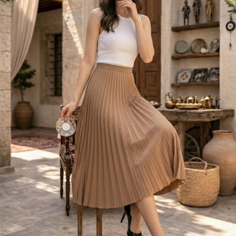 Kadın 90 Cm Saten Kumaş Pliseli Midi Etek Şık ve Zarif Tasarım - Kahverengi