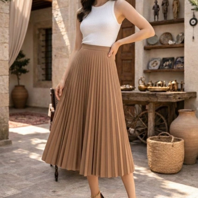 Kadın 90 Cm Saten Kumaş Pliseli Midi Etek Şık ve Zarif Tasarım - Kahverengi