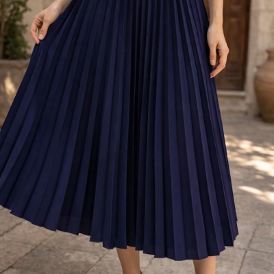 Kadın 90 Cm Saten Kumaş Pliseli Midi Etek Şık ve Zarif Tasarım - Lacivert