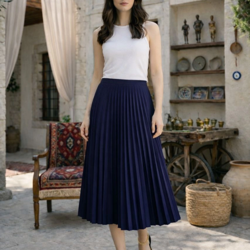 Kadın 90 Cm Saten Kumaş Pliseli Midi Etek Şık ve Zarif Tasarım - Lacivert