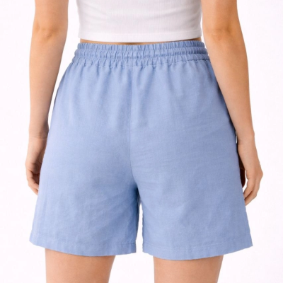 Kadın Keten Kumaş Cepli Rahat Kesim Bel Lastikli Şort - Mavi