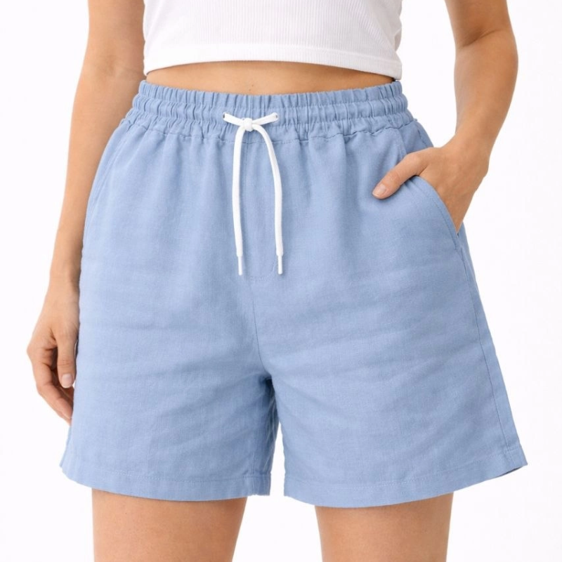 Kadın Keten Kumaş Cepli Rahat Kesim Bel Lastikli Şort - Mavi