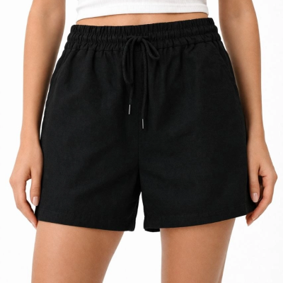 Kadın Keten Kumaş Cepli Rahat Kesim Bel Lastikli Şort - Siyah