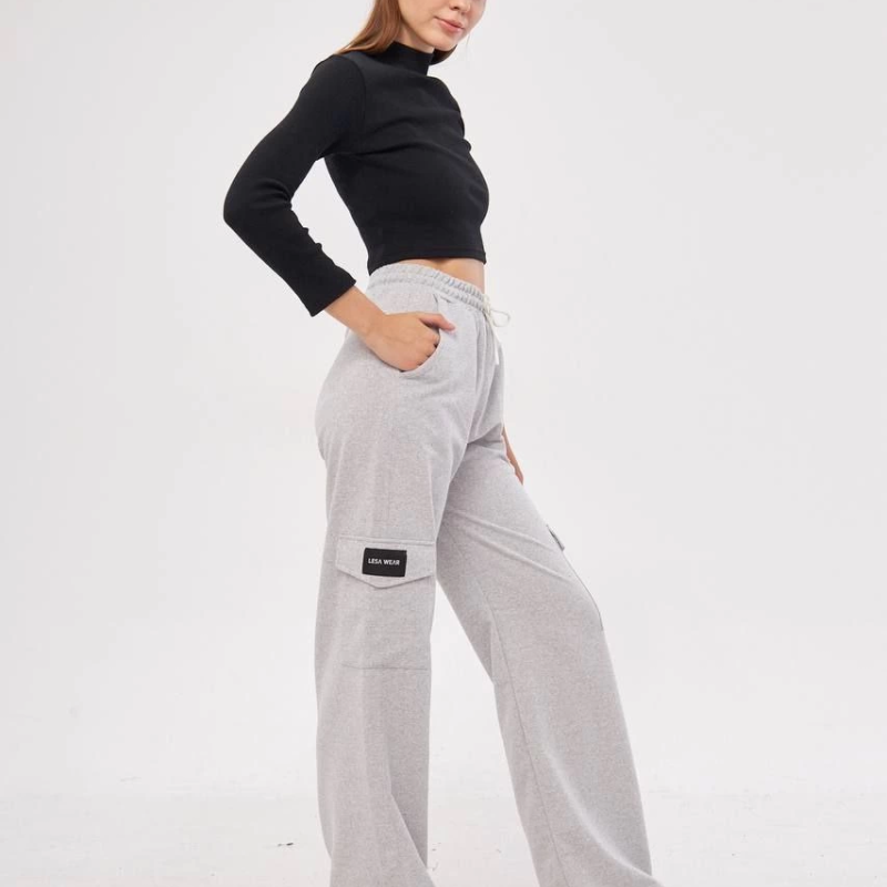 Kadın Yüksek Bel Kargo Cepli Palazzo Pantolon Oversize Bol Paça - Gri